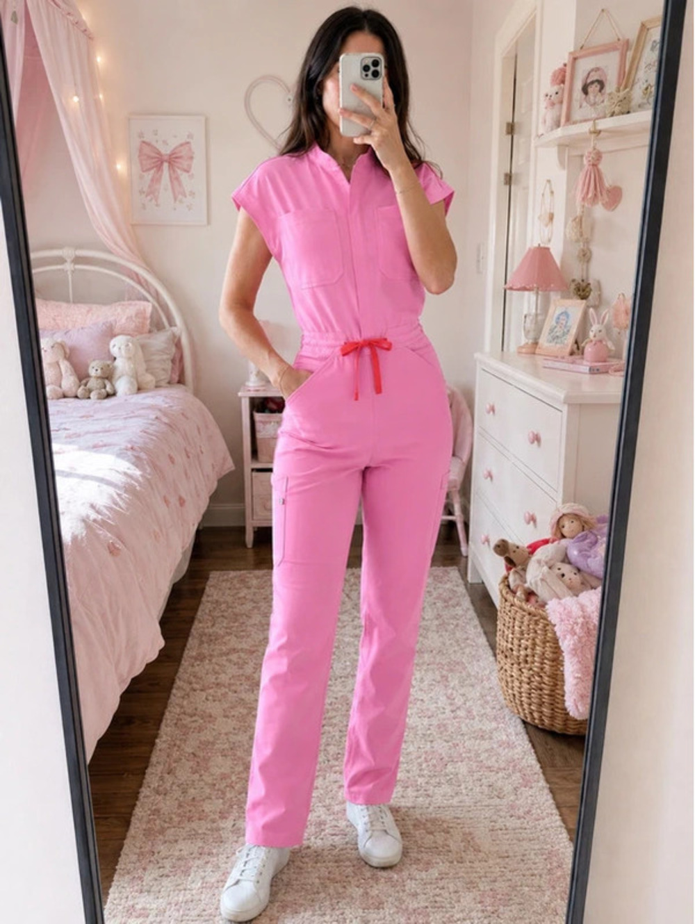 Figs Sunrise Pink Women's Jumpsuit with Red Drawstring